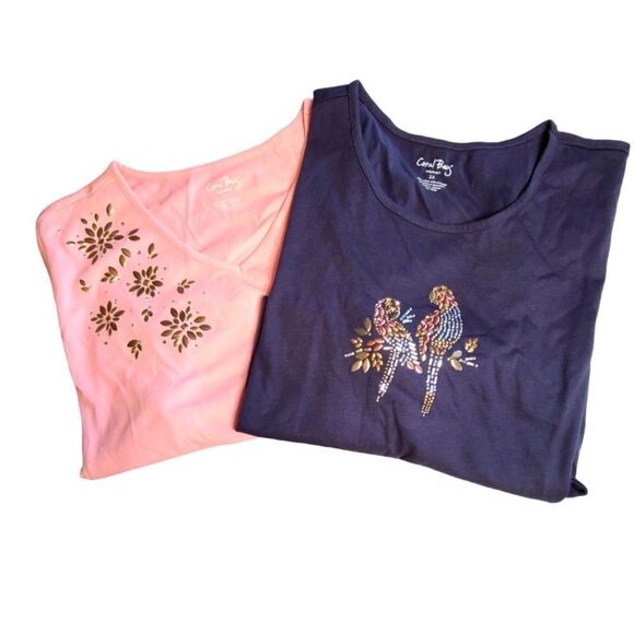 Coral Bay Tops - 2 Coral Bay shirts, embellished,  pink navy blue women's size 2xl